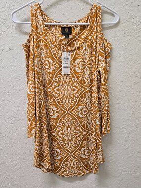 NWT JM Collection Cold Shoulder Top XS Mustard Orange Damask Boho